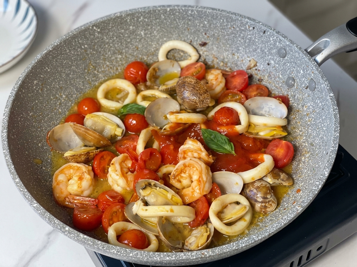 Rote Tomatensauce wird in eine Pfanne mit Garnelen, Tintenfisch, Muscheln und Kirschtomaten gegeben.
