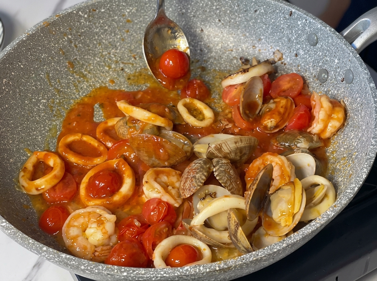 Ein Löffel rührt eine reichhaltige, leuchtend rote Tomatensauce gemischt mit Garnelen, Tintenfischringen, ganzen Muscheln und Kirschtomaten in einer Bratpfanne um.