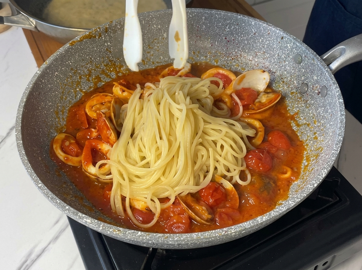 Eine weiße Zange lässt gekochte Spaghetti in eine Pfanne mit blubbernder Meeresfrüchte-Tomatensauce fallen.