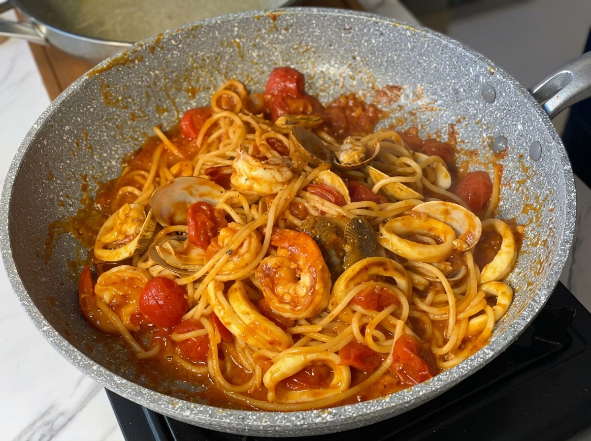 Gekochte Spaghetti Frutti di Mare komplett gemischt in einer Pfanne, bereit zum finalen Abschmecken.