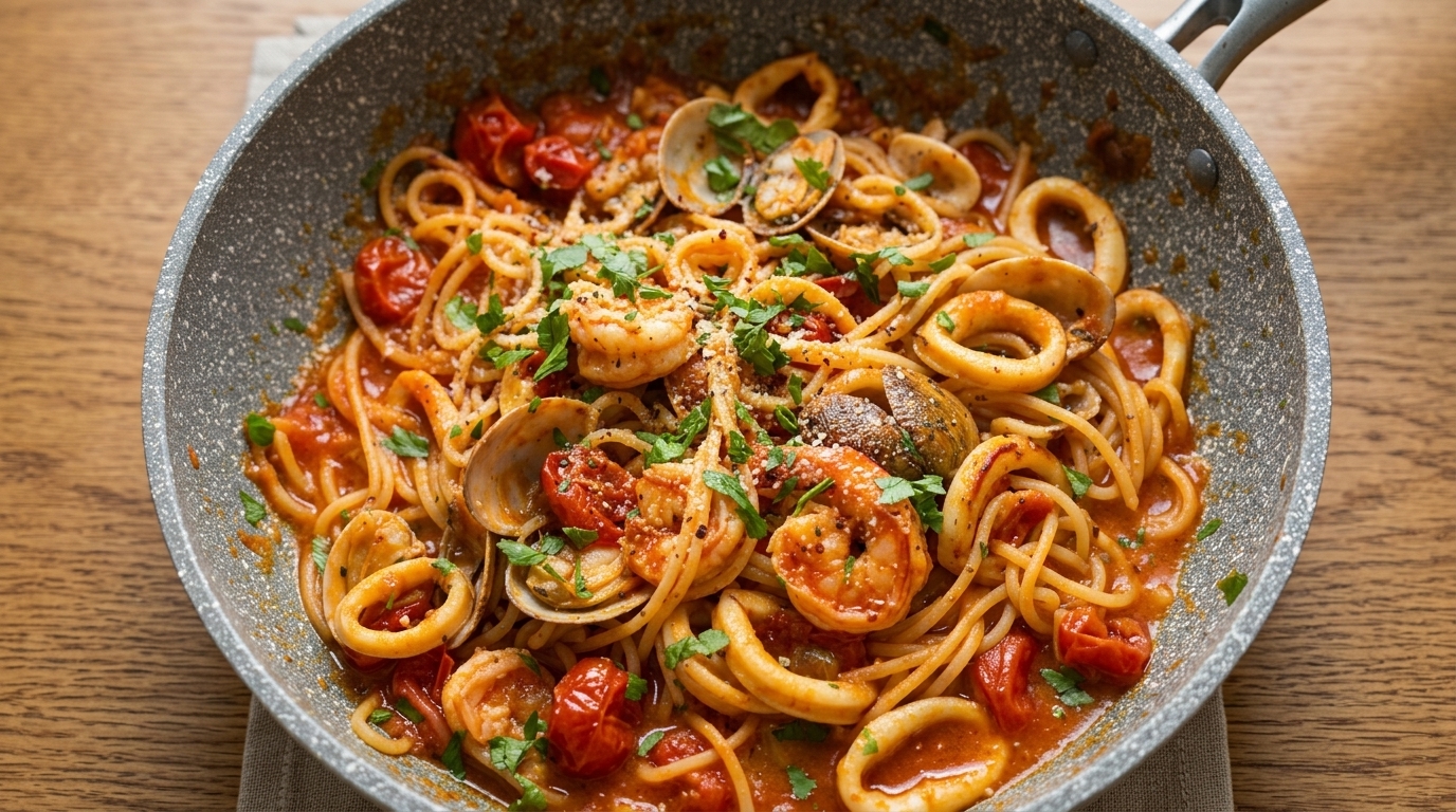 Klassische Spaghetti Frutti di Mare mit Tomatensauce