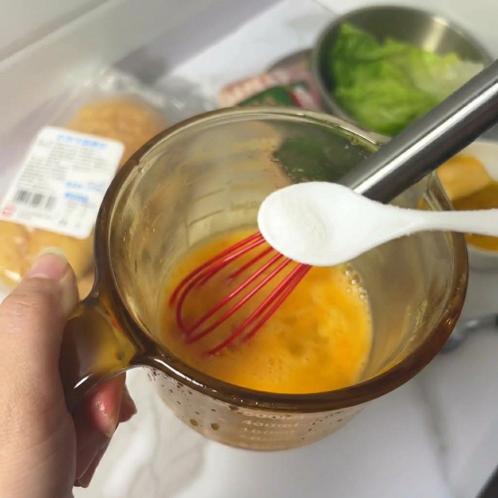 Rohe Eier werden in einem Glasgefäß mit einem kleinen roten Schneebesen verquirlt, dazu wird ein Löffel Salz gegeben.
