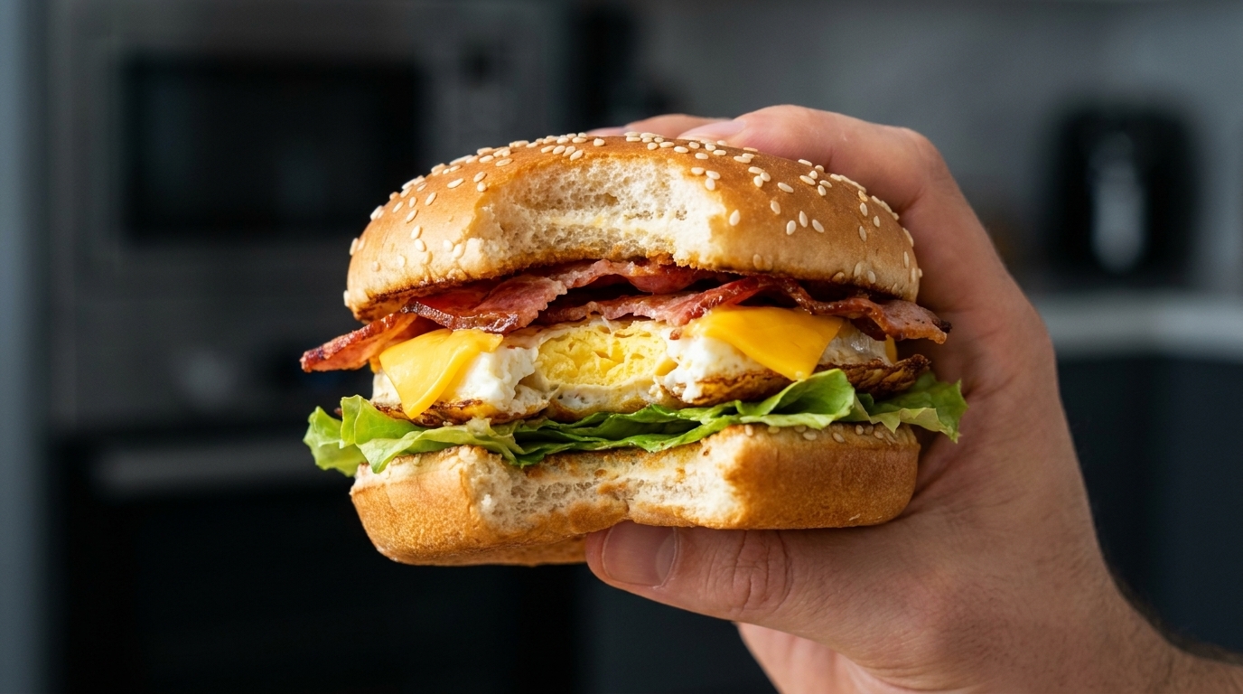 Nahaufnahme eines üppig belegten Frühstücksburgers mit zerlaufenem Käse und knusprigem Speck in einem goldbraun gerösteten Sesambrötchen.