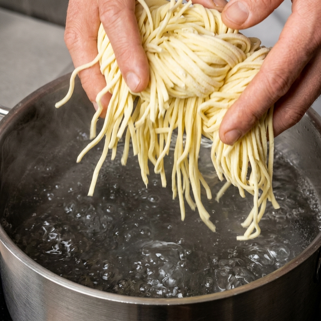 Zwei Hände halten ein Bündel dicke Spaghetti über einen Edelstahltopf mit kochendem Wasser.