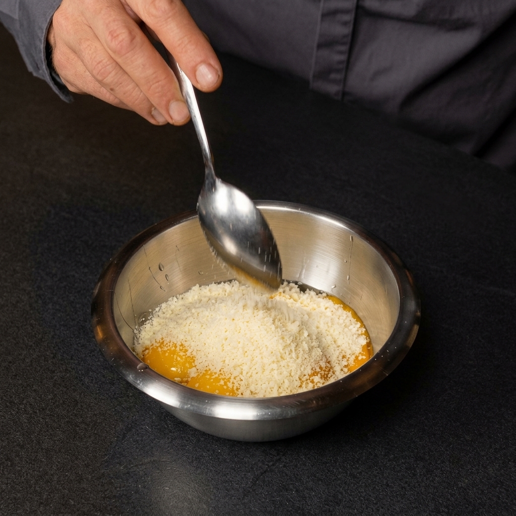 Eine Hand gibt mit einem Löffel fein geriebenen Käse in eine Schüssel mit aufgeschlagenen Eiern.