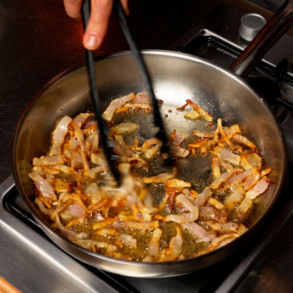 Eine Küchenzange wendet Guanciale-Streifen in einer Pfanne beim Braten.