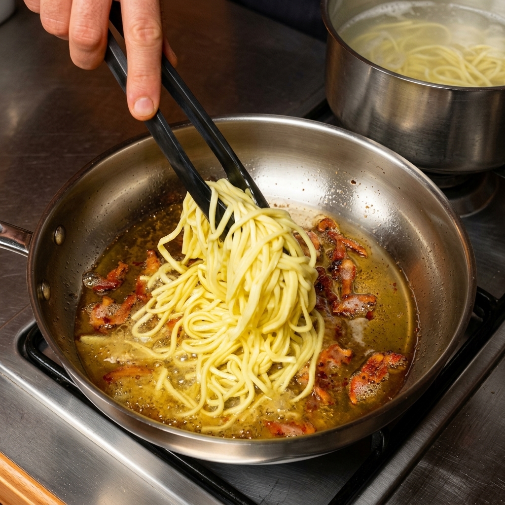 Schwarze Küchenzangen heben Spaghetti aus dem kochenden Wasser direkt in eine Pfanne mit heißem Fett.