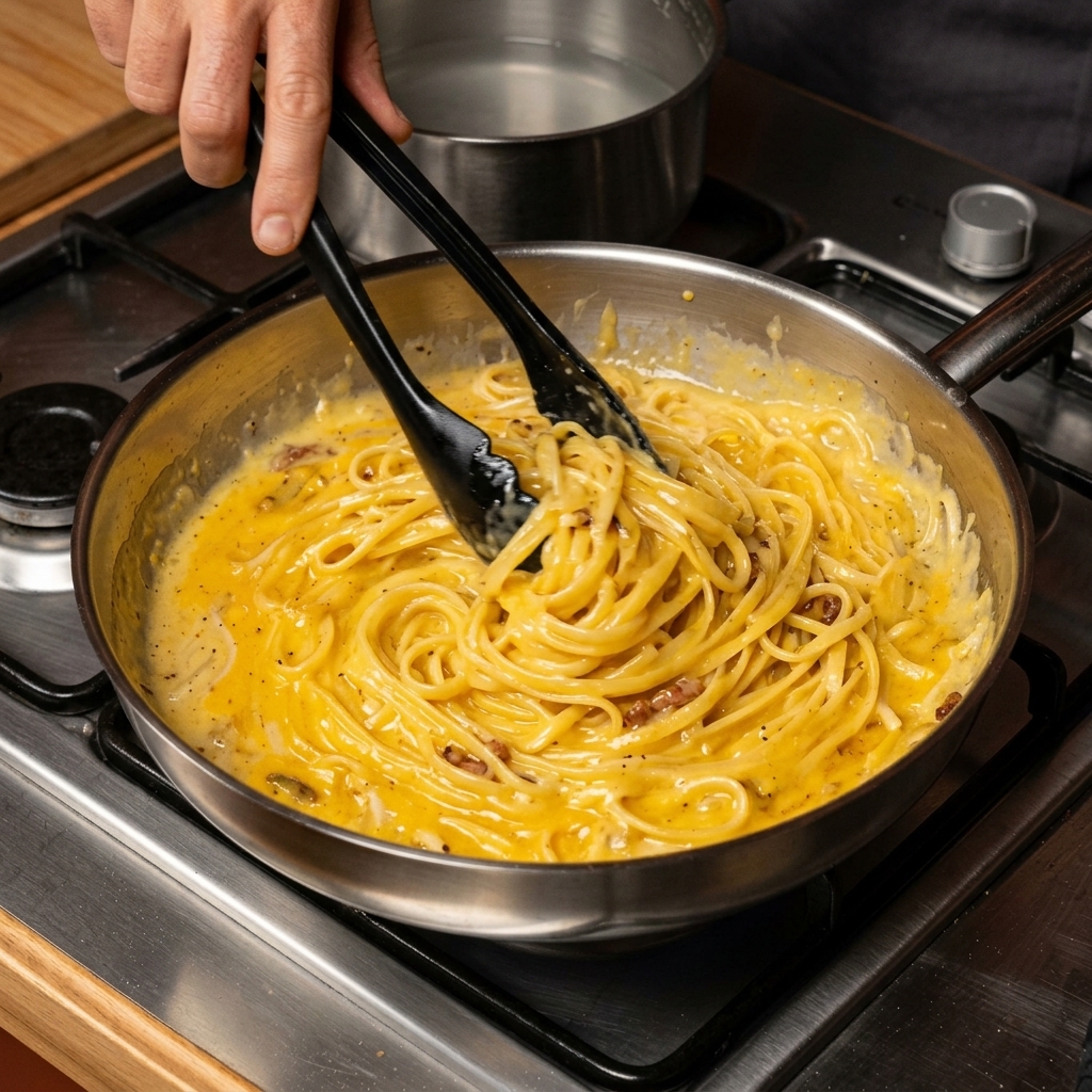 Spaghetti werden kräftig mit einer Zange in der Pfanne gewendet und sind von einer glänzenden Carbonara-Sauce überzogen.