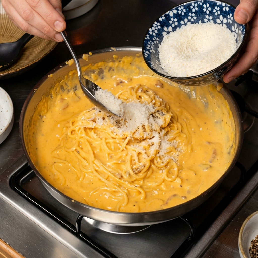 Eine Hand streut fein geriebenen Käse aus einer blau-weißen Schüssel über cremige Spaghetti in einer Pfanne.