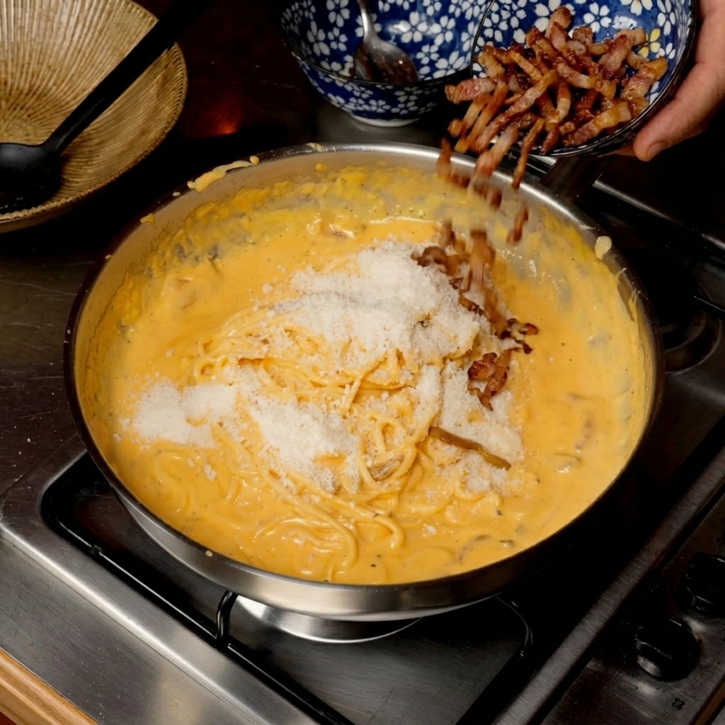 Knusprig gebratene Guanciale-Stückchen werden aus einer kleinen Schüssel über die cremige Pasta in der Pfanne gegeben.