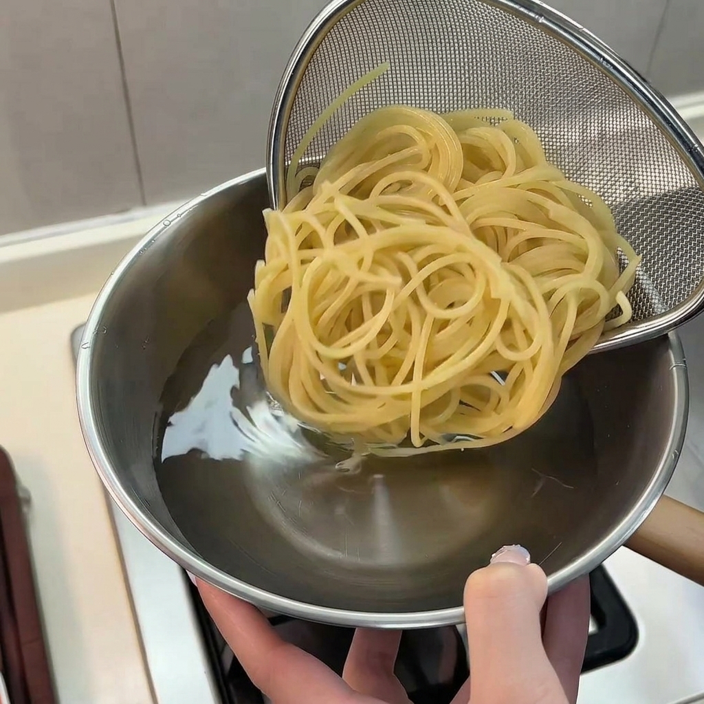 Gekochte Spaghetti, die mit einem Edelstahlsieb aus einem Topf mit heißem Wasser gehoben werden.