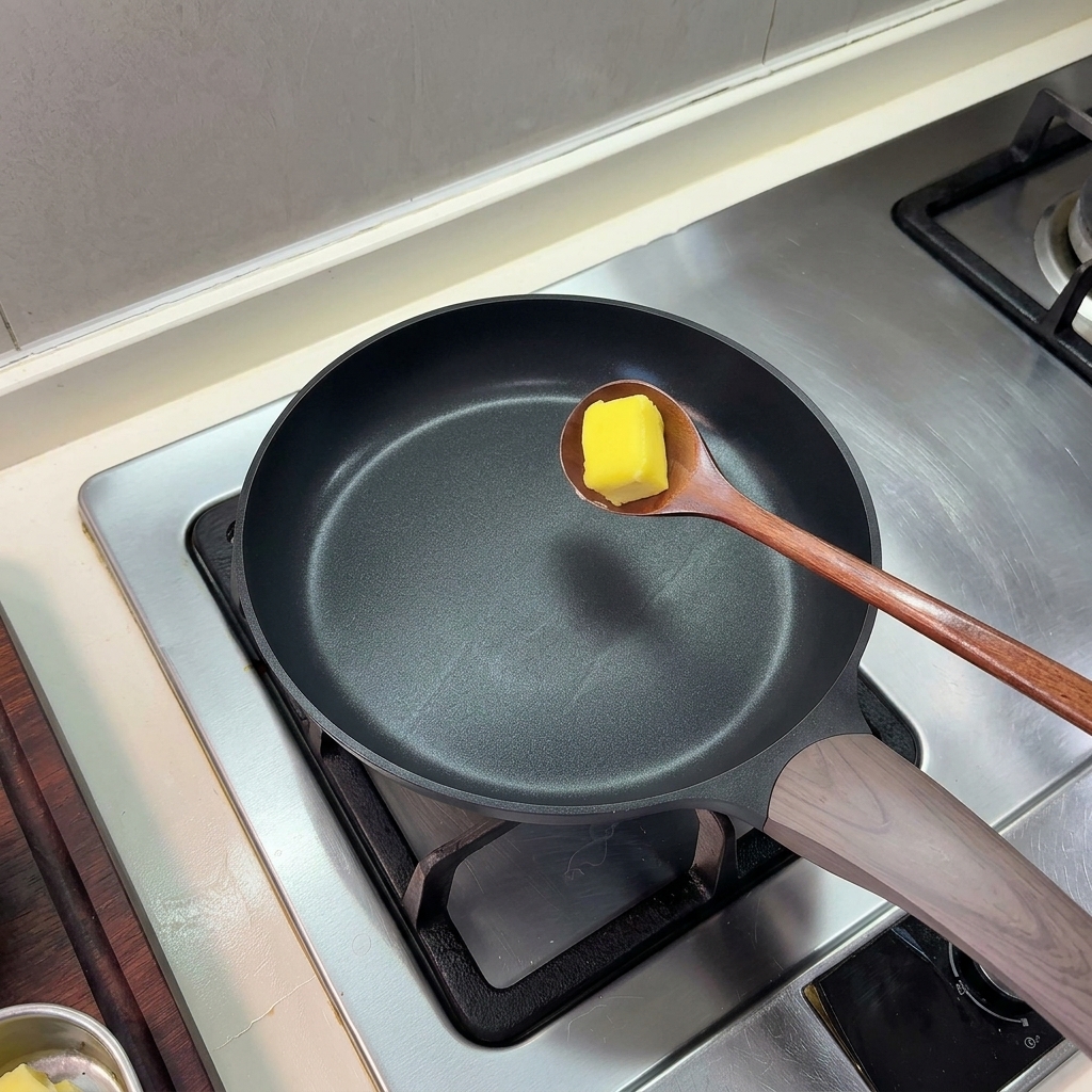Ein quadratisches Stück gelbe Butter auf einem Holzlöffel über einer erhitzten schwarzen Pfanne.
