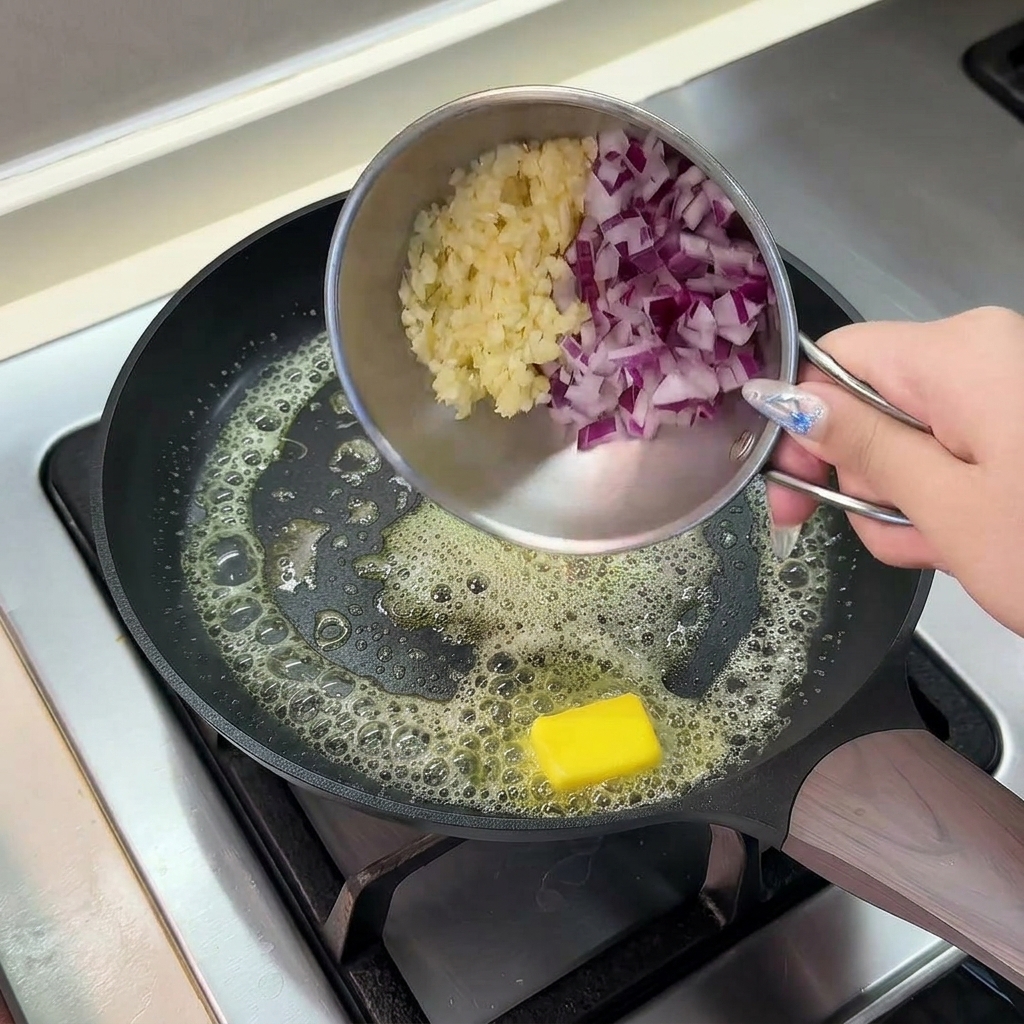 Eine kleine Metallschale, aus der gewürfelte rote Zwiebeln und gehackter Knoblauch in eine Pfanne mit blubbernder, geschmolzener Butter geschüttet werden.