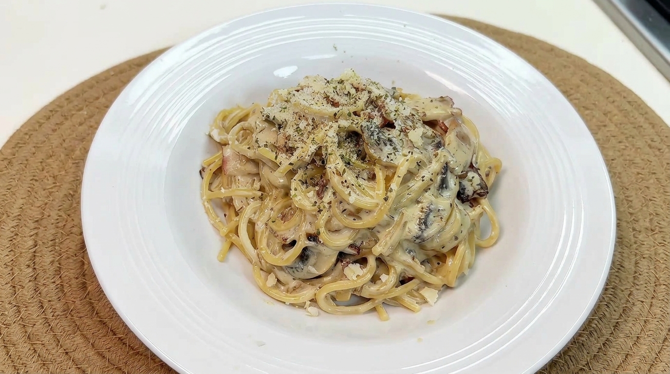 Einfache cremige Pilz-Speck-Spaghetti