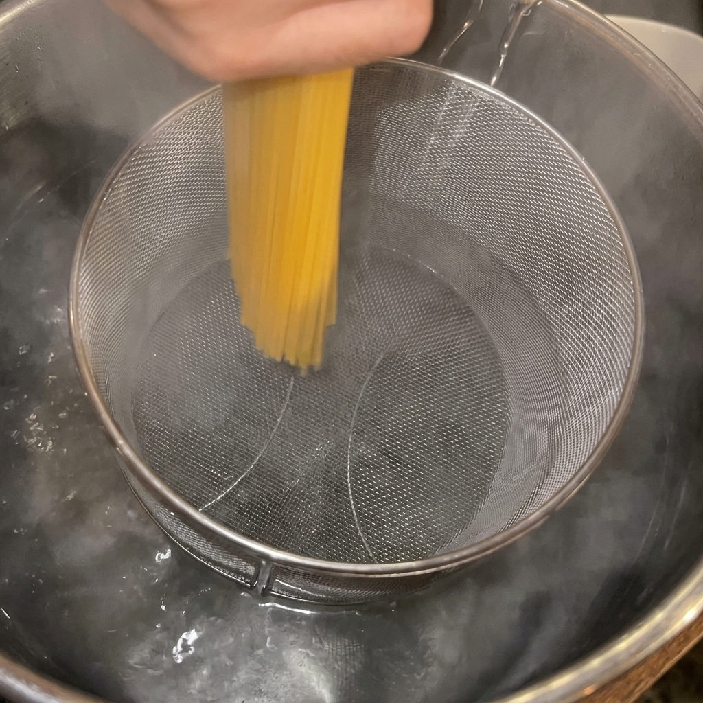 Spaghetti werden in einen Topf mit kochendem Wasser gegeben.