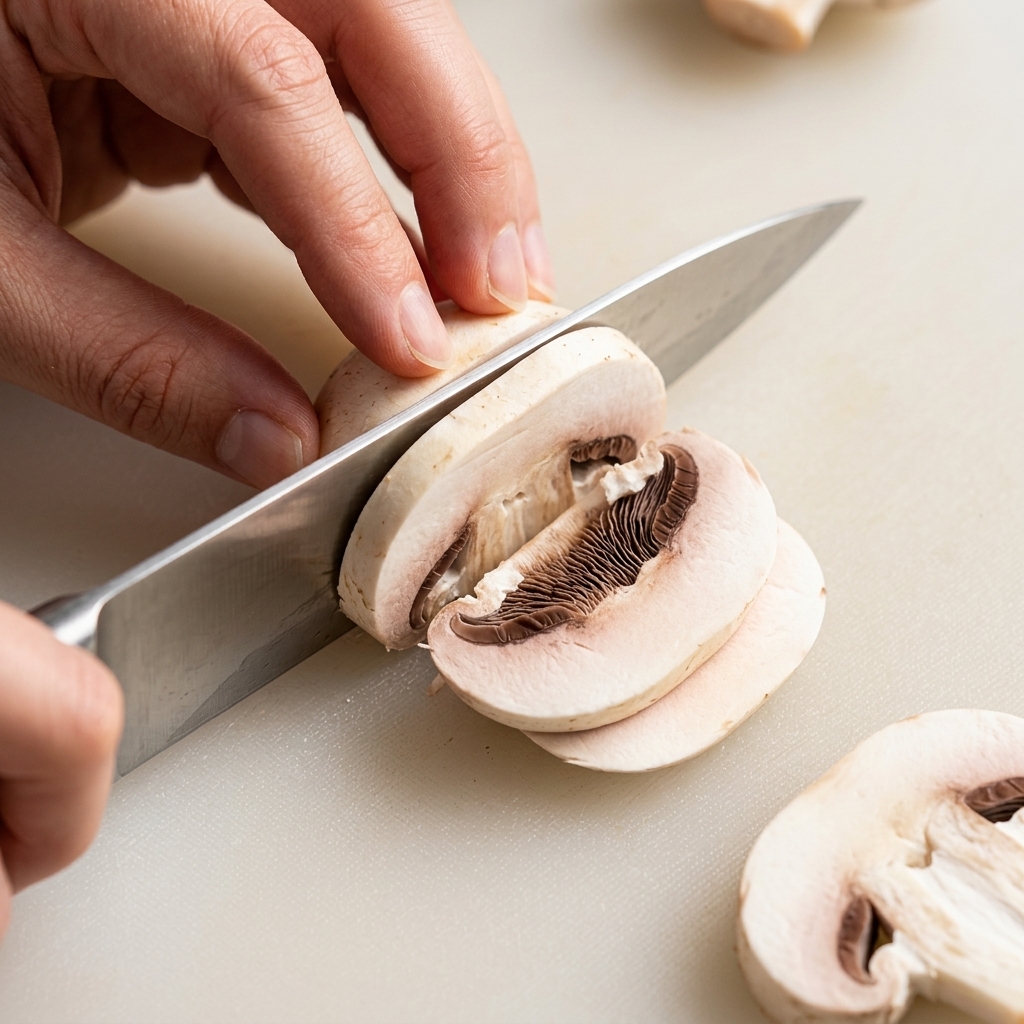 Eine Hand schneidet weiße Champignons auf einem Holzbrett in gleichmäßige Scheiben.
