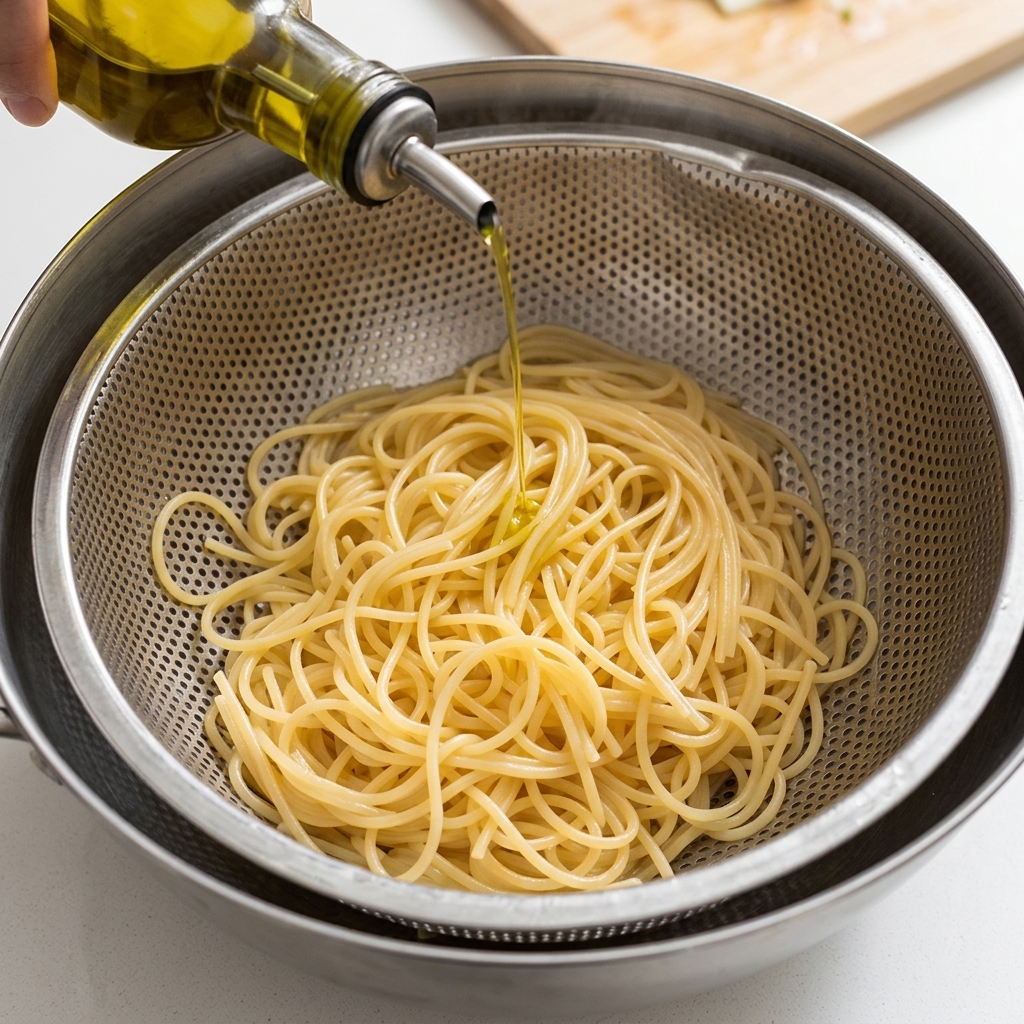 Ein Spritzer Olivenöl wird über die abgetropften Spaghetti gegossen.