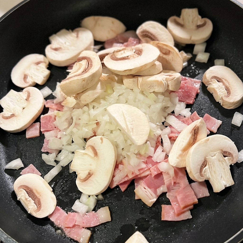 Champignonscheiben und Zwiebelwürfel werden zum Speck in die Pfanne gegeben.