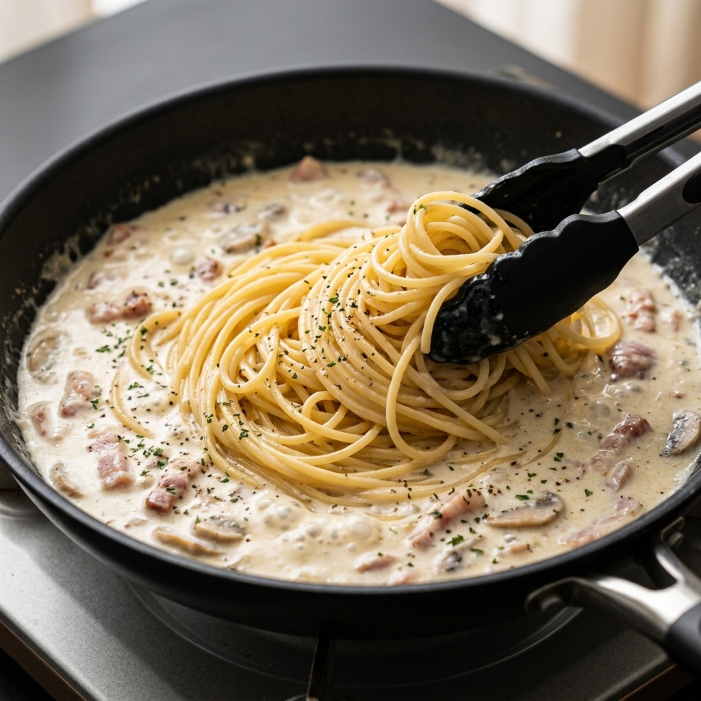 Spaghetti werden mit einer Küchenzange in die cremige Sauce in der Pfanne gemischt.