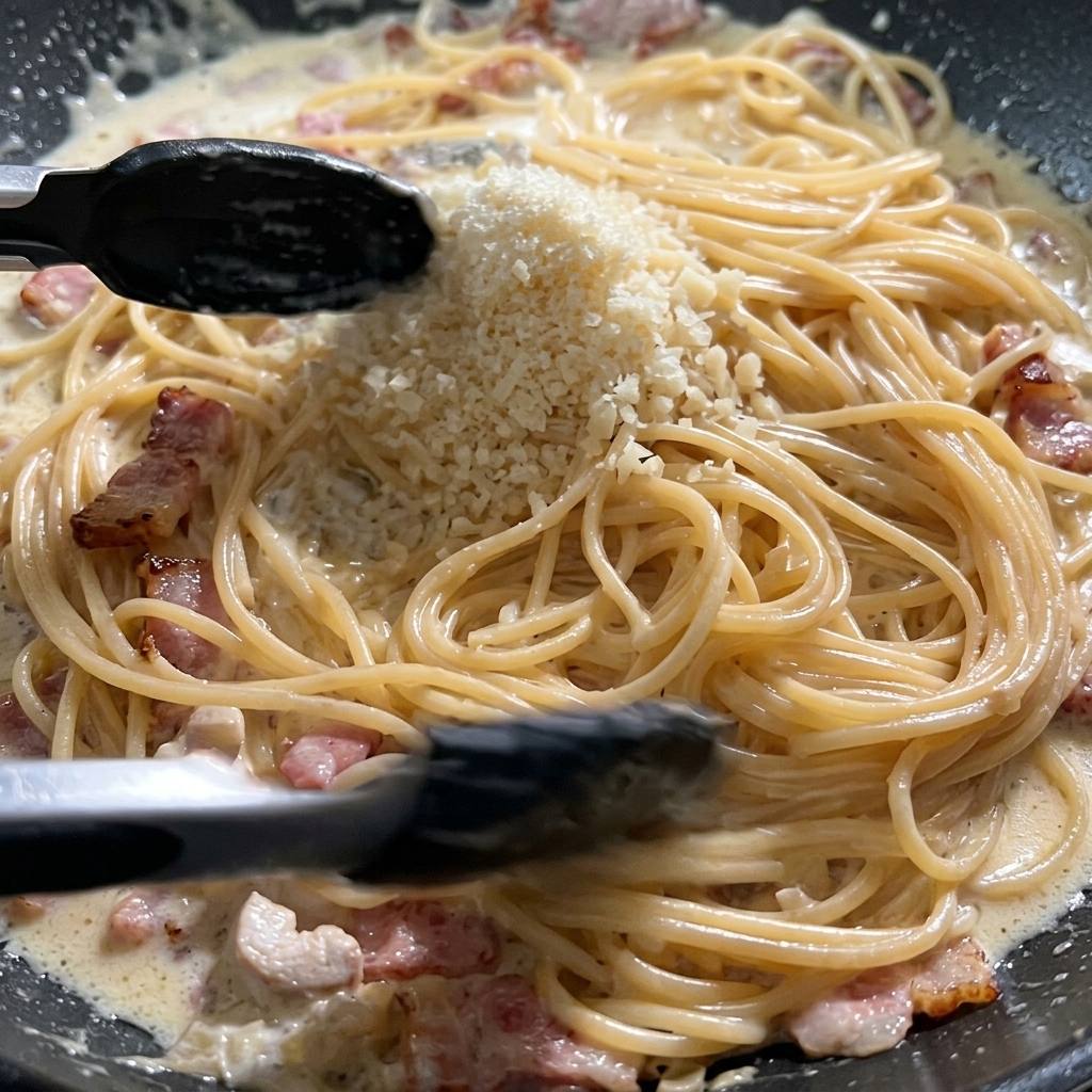 Geriebener Parmesan und ein Eigelb liegen auf den cremigen Spaghetti in der Pfanne.