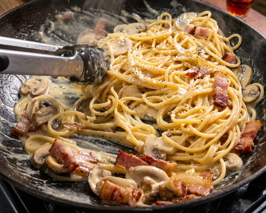 Spaghetti werden kräftig mit der Sauce vermischt, bis alles glänzt.