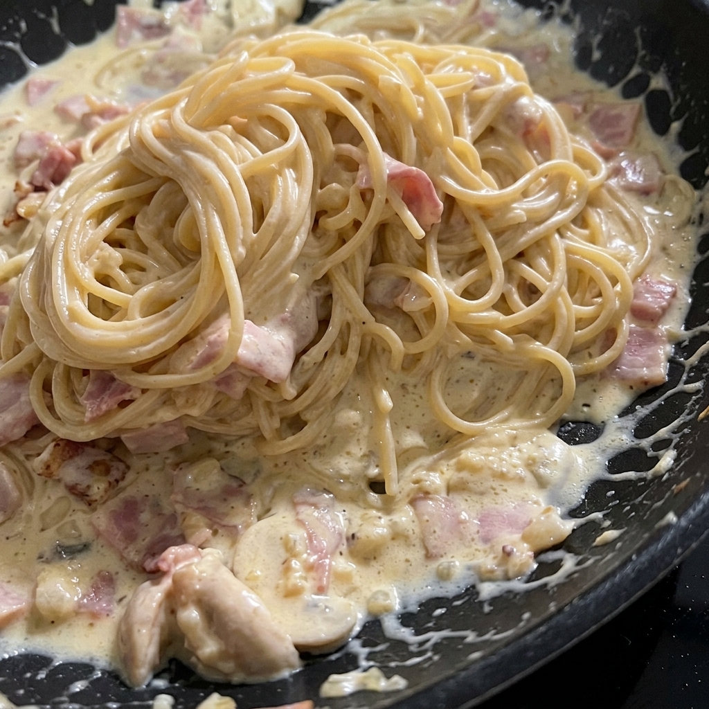 Frisch zubereitete Carbonara mit Speck und Pilzen in der Pfanne.
