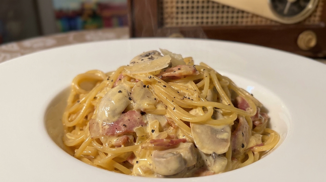 Cremige Pasta Carbonara mit Pilzen und Speck