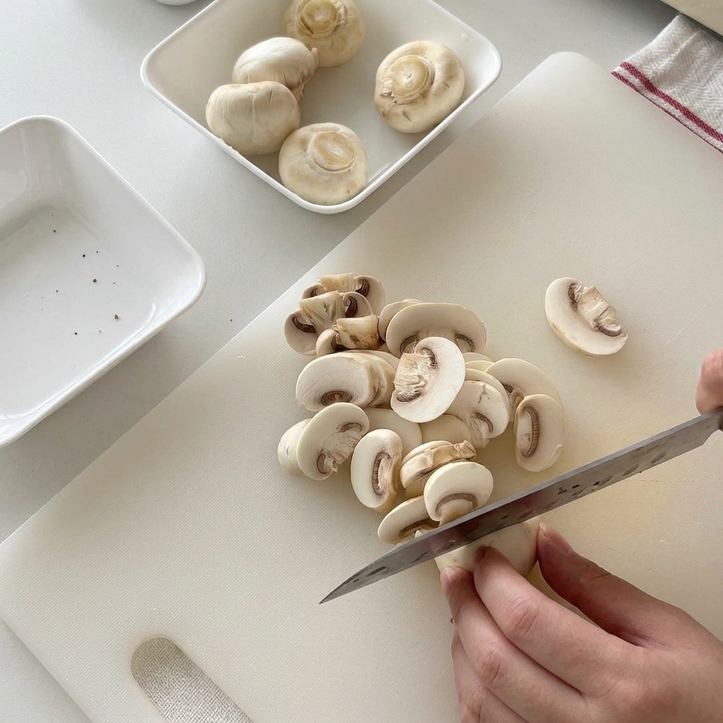 Frische weiße Champignons werden gleichmäßig auf einem weißen Schneidebrett in Scheiben geschnitten.