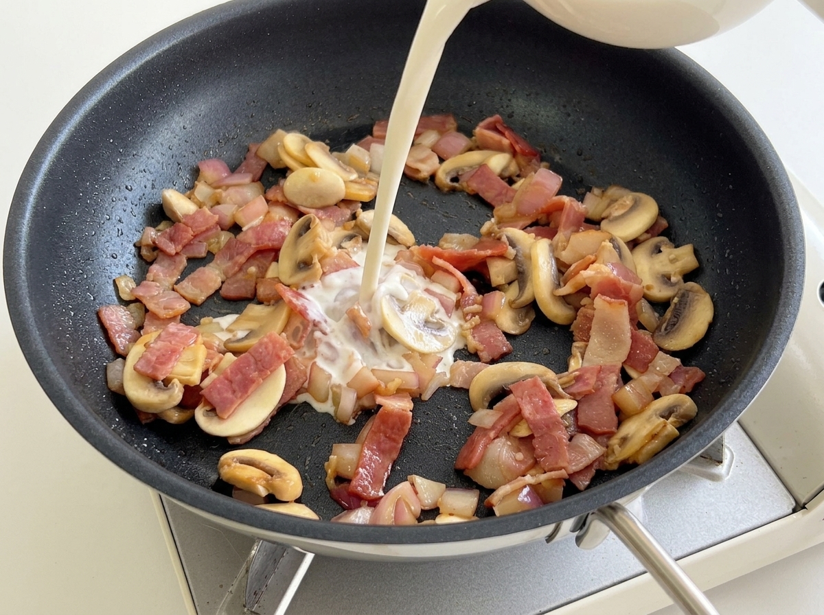 Milch wird aus einer weißen Schale in die Pfanne zu dem gebratenen Speck und den Pilzen gegossen.