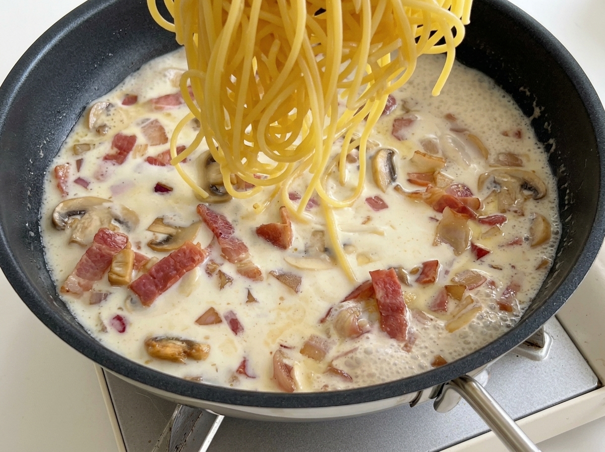 Gekochte Spaghetti werden in die köchelnde, cremige Milch-Sauce mit Speck und Pilzen gegeben.