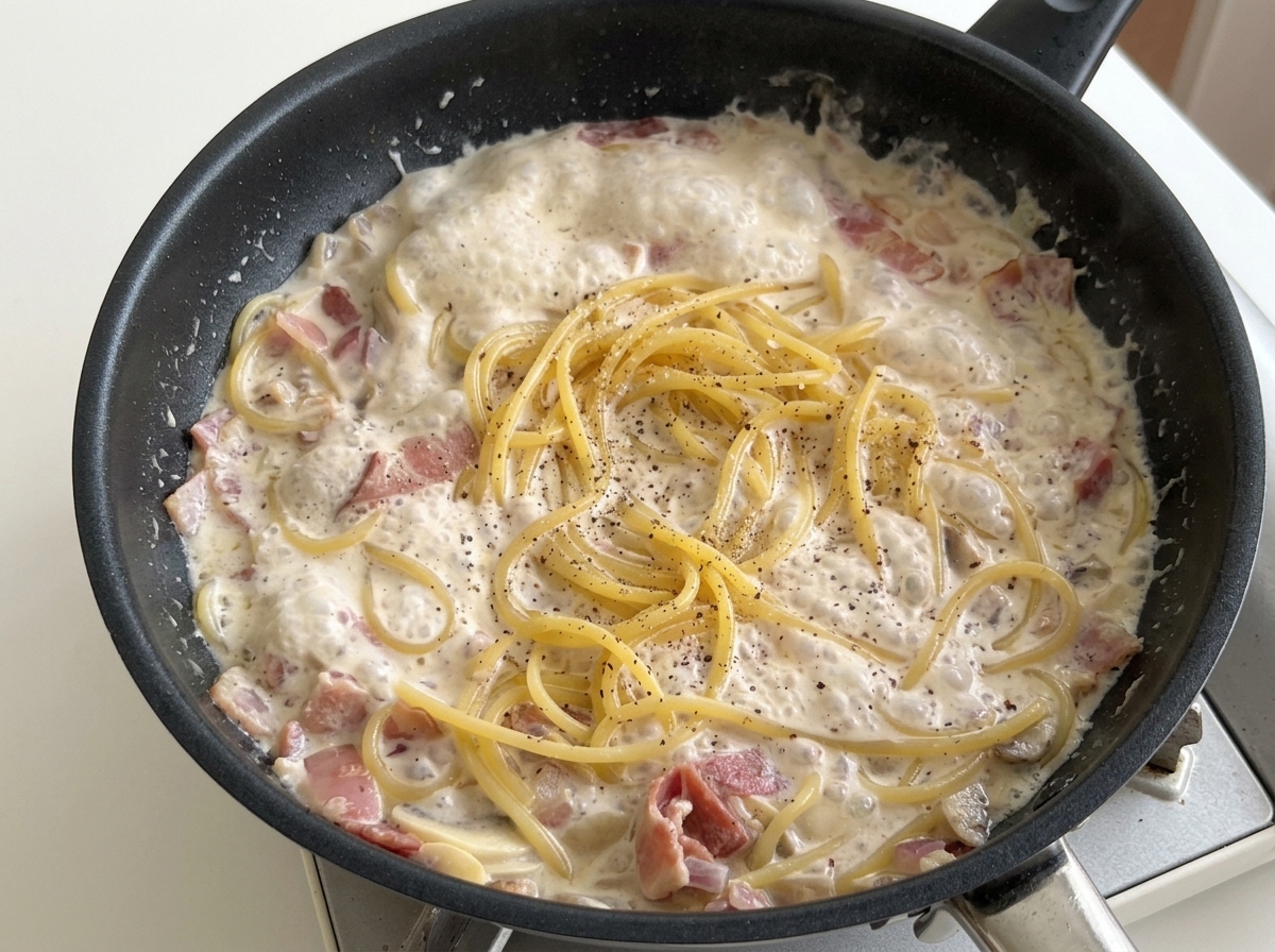 Spaghetti in cremiger Sauce werden in einer Pfanne großzügig mit schwarzem Pfeffer bestreut.