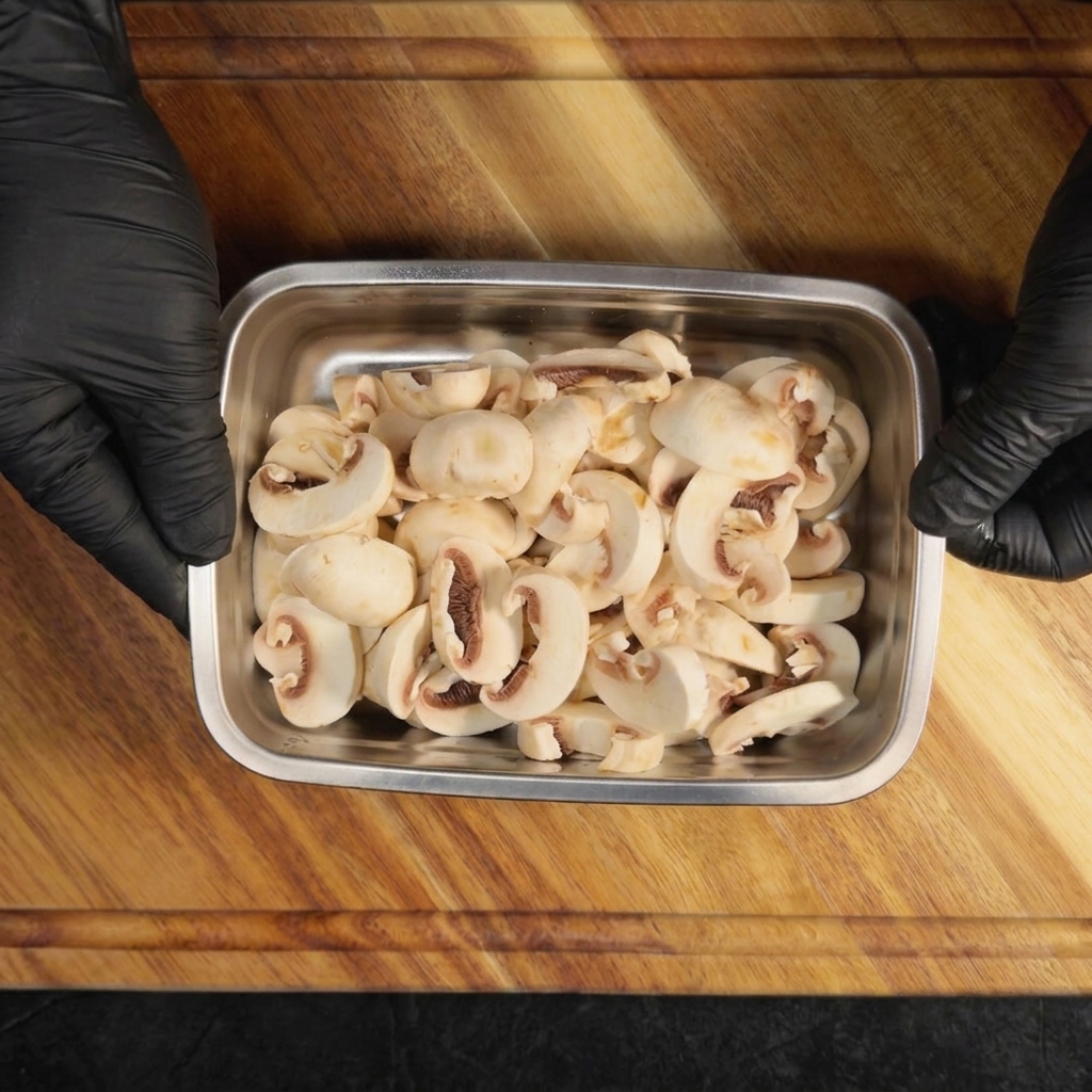 Eine Metallschale mit gleichmäßig geschnittenen weißen Champignons, gehalten über einem Holzbrett.