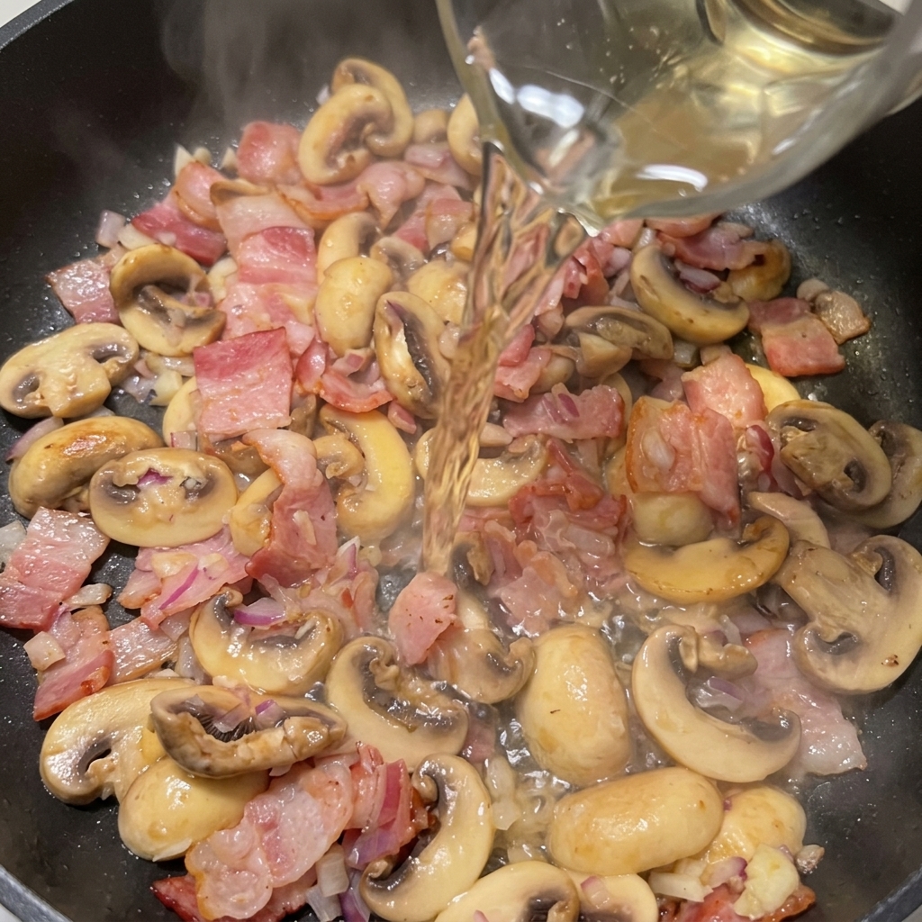 Weißwein wird aus einem Messbecher in die Pfanne mit Speck, Pilzen und Aromaten gegossen.