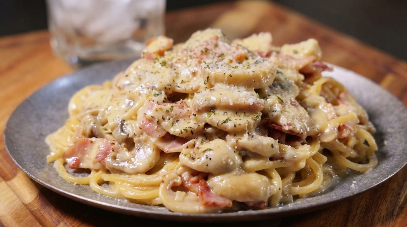 Cremige Speck-Pilz-Pasta: Extra reichhaltige Spaghetti mit Sahnesauce