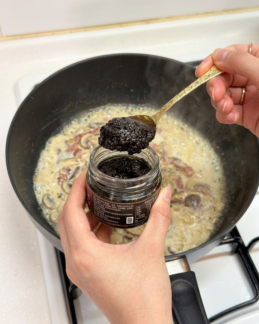 Ein Löffel schwarze Trüffelpaste wird in die köchelnde Sahnesauce gegeben.