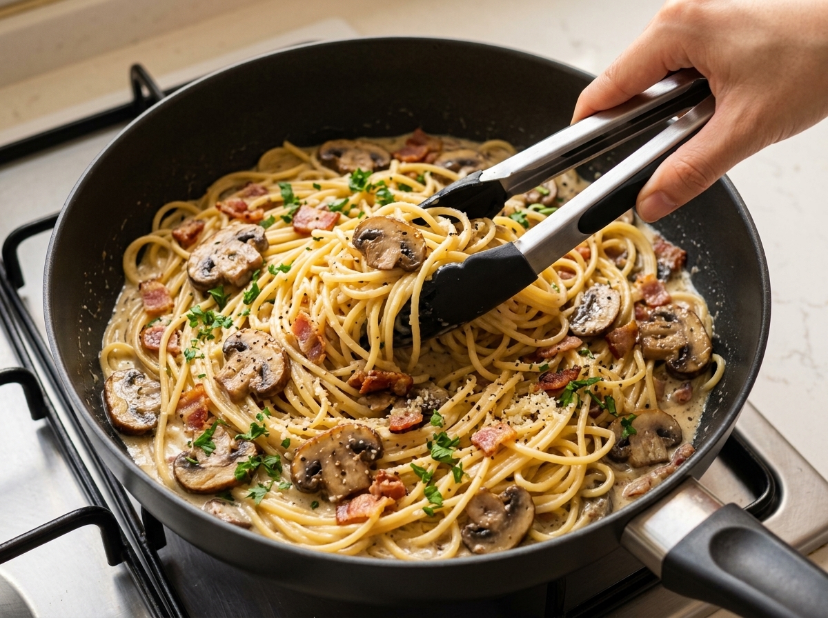 Spaghetti werden mit Pilzen und Speck in der Pfanne durchgeschwenkt.