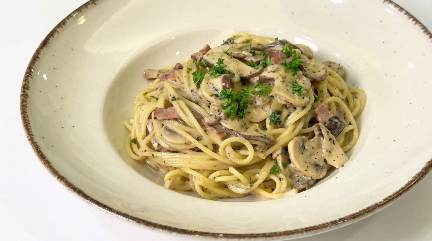 Cremige Trüffel-Pasta mit Pilzen und krossem Speck