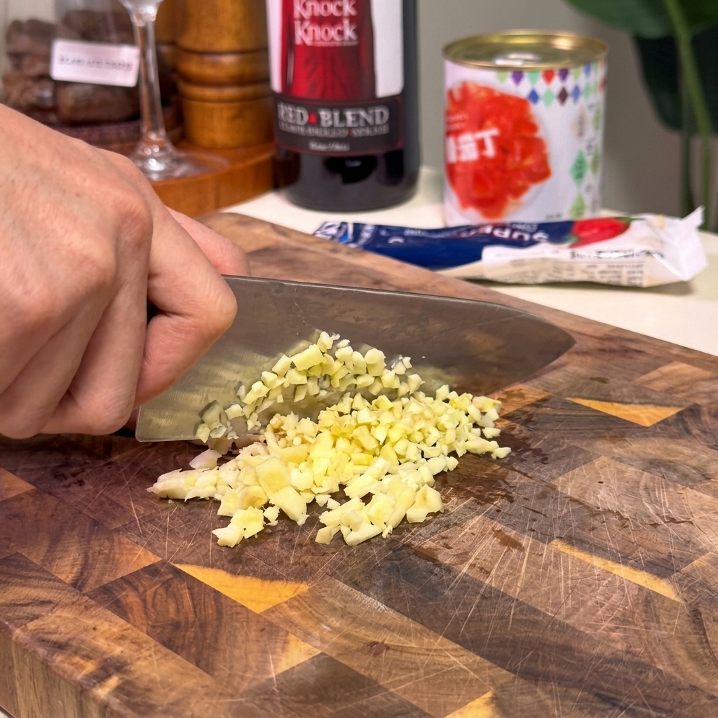 Nahaufnahme einer Hand, die frische Knoblauchzehen mit einem Kochmesser auf einem Holzbrett fein hackt.