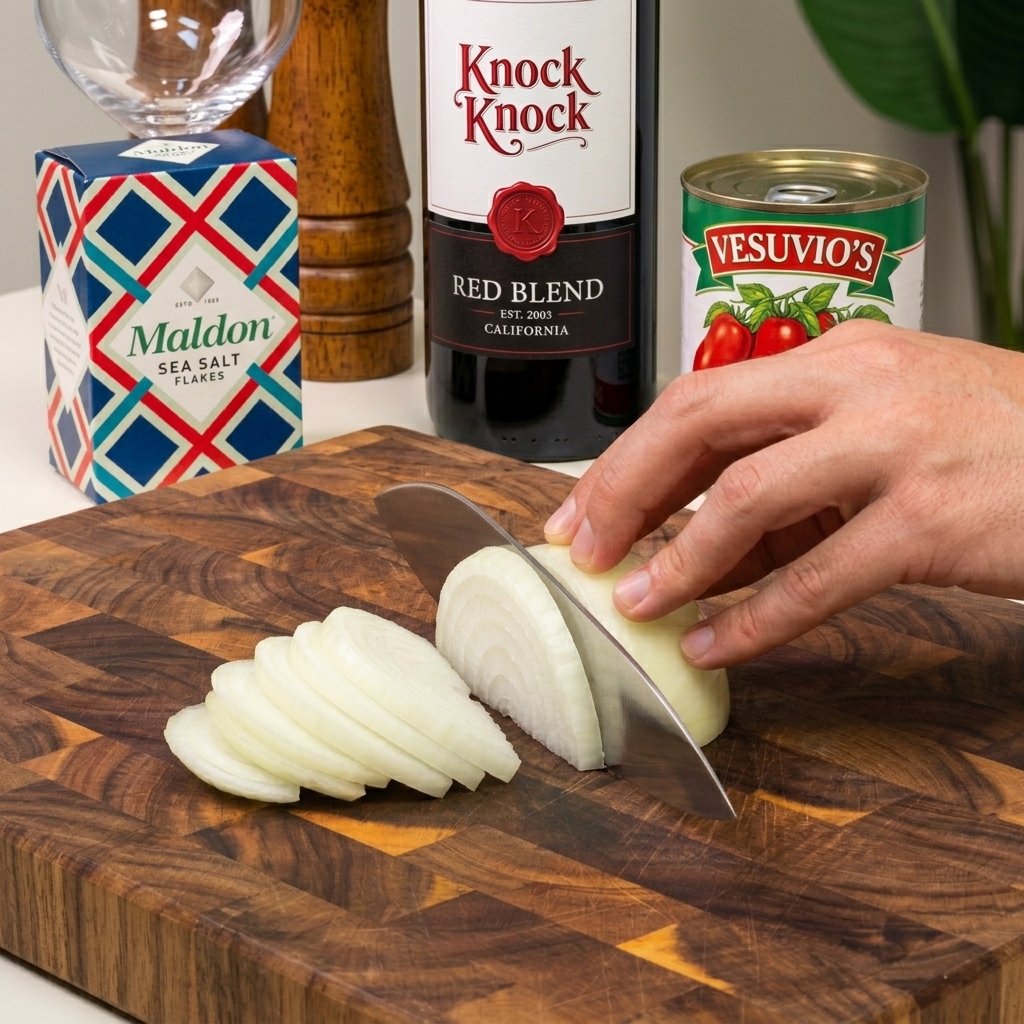 Hand mit einem Kochmesser beim Schneiden einer weißen Zwiebelhälfte auf einem Schneidebrett.