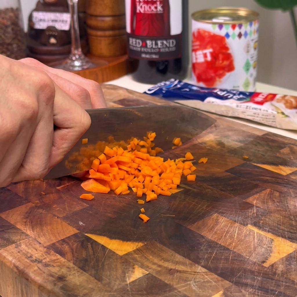 Hand, die mit einem Messer leuchtend orangefarbene Karotten auf einem Holzbrett fein würfelt.