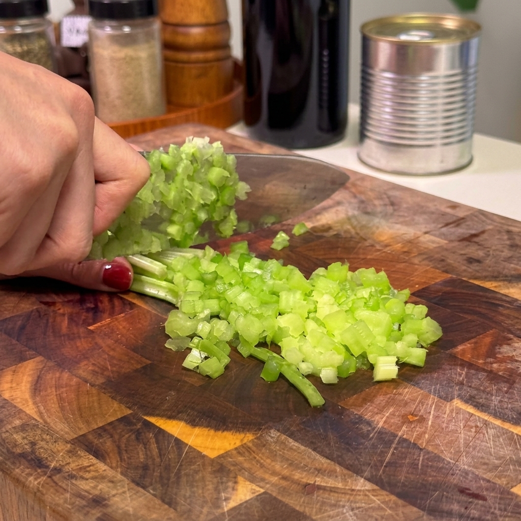 Hand beim Zerkleinern von frischen grünen Selleriestangen in kleine, gleichmäßige Stücke auf einem Brett.