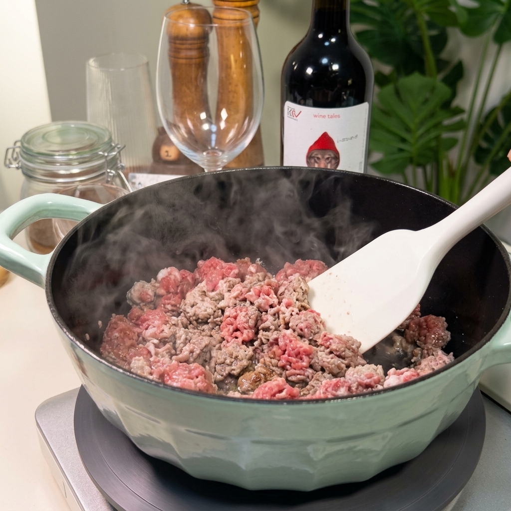 Hackfleisch wird mit einem weißen Pfannenwender im Topf umgerührt; Dampf steigt beim Bräunen auf.