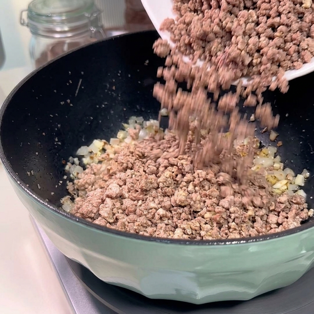 Angebrauntes Hackfleisch wird von einem weißen Teller zurück in die Pfanne zu den Zwiebeln und dem Knoblauch gegeben.