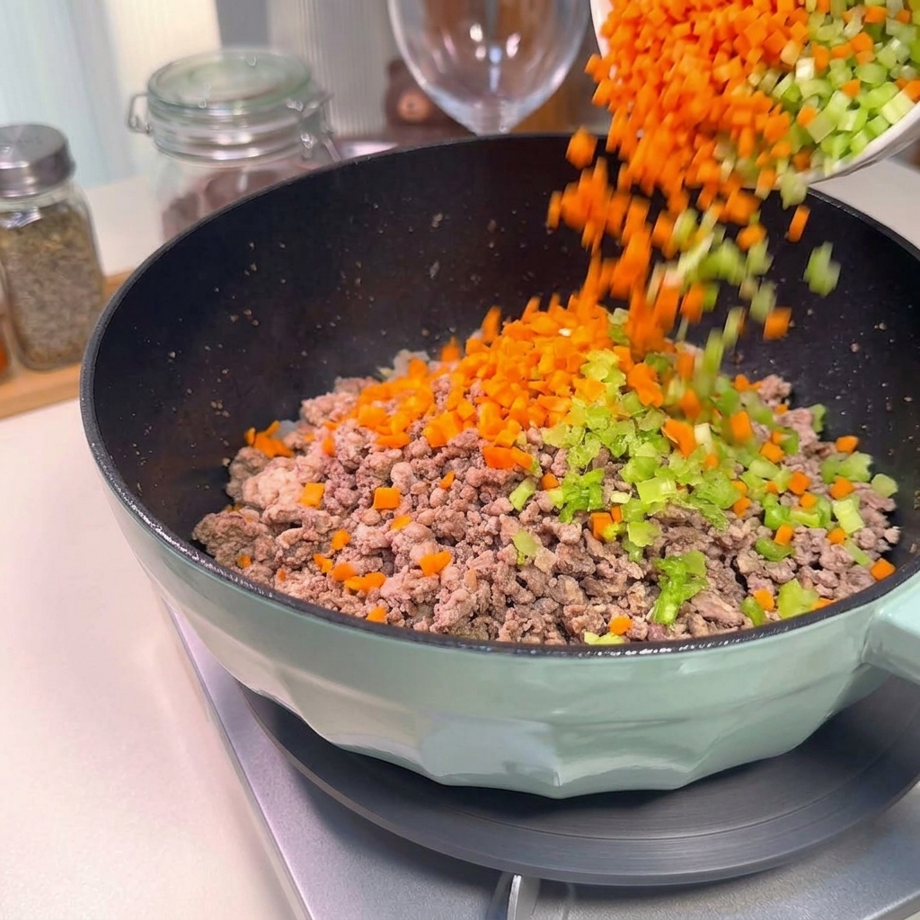 Gewürfelte Karotten und grüner Sellerie werden aus einer Schüssel in die Pfanne mit der Fleischmischung geschüttet.
