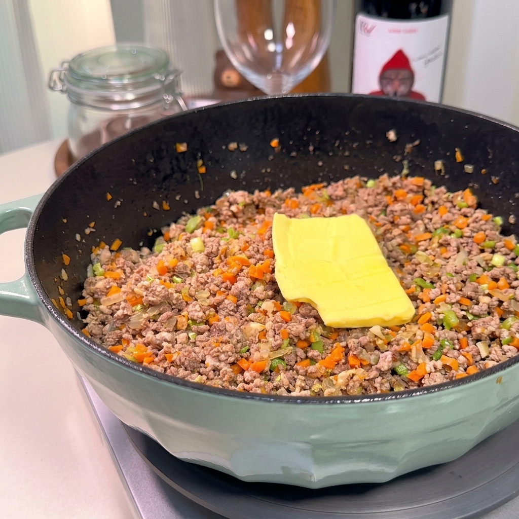 Ein quadratisches Stück gelbe Butter schmilzt auf der Fleisch-Gemüse-Mischung in der Pfanne.