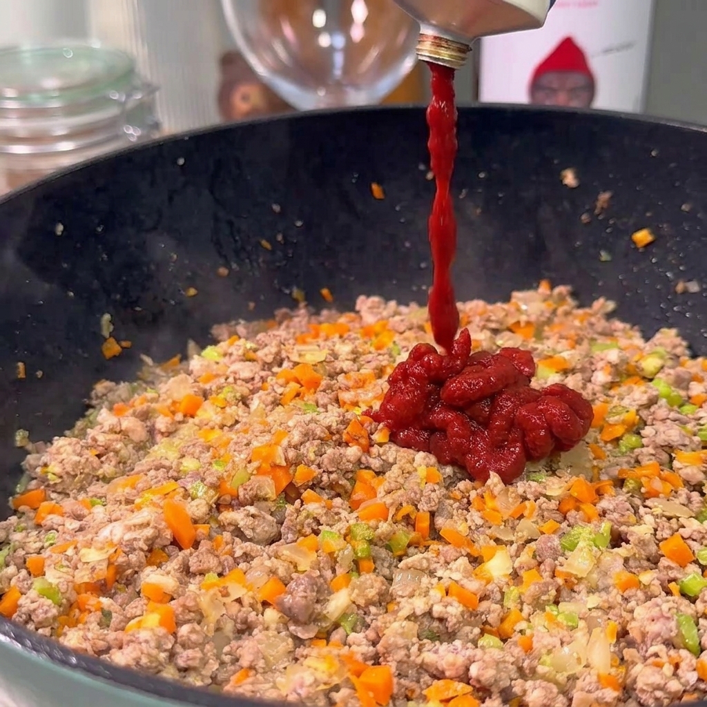 Dunkelrotes Tomatenmark wird aus einer Tube direkt in die heiße Pfanne mit Fleisch und Gemüse gedrückt.