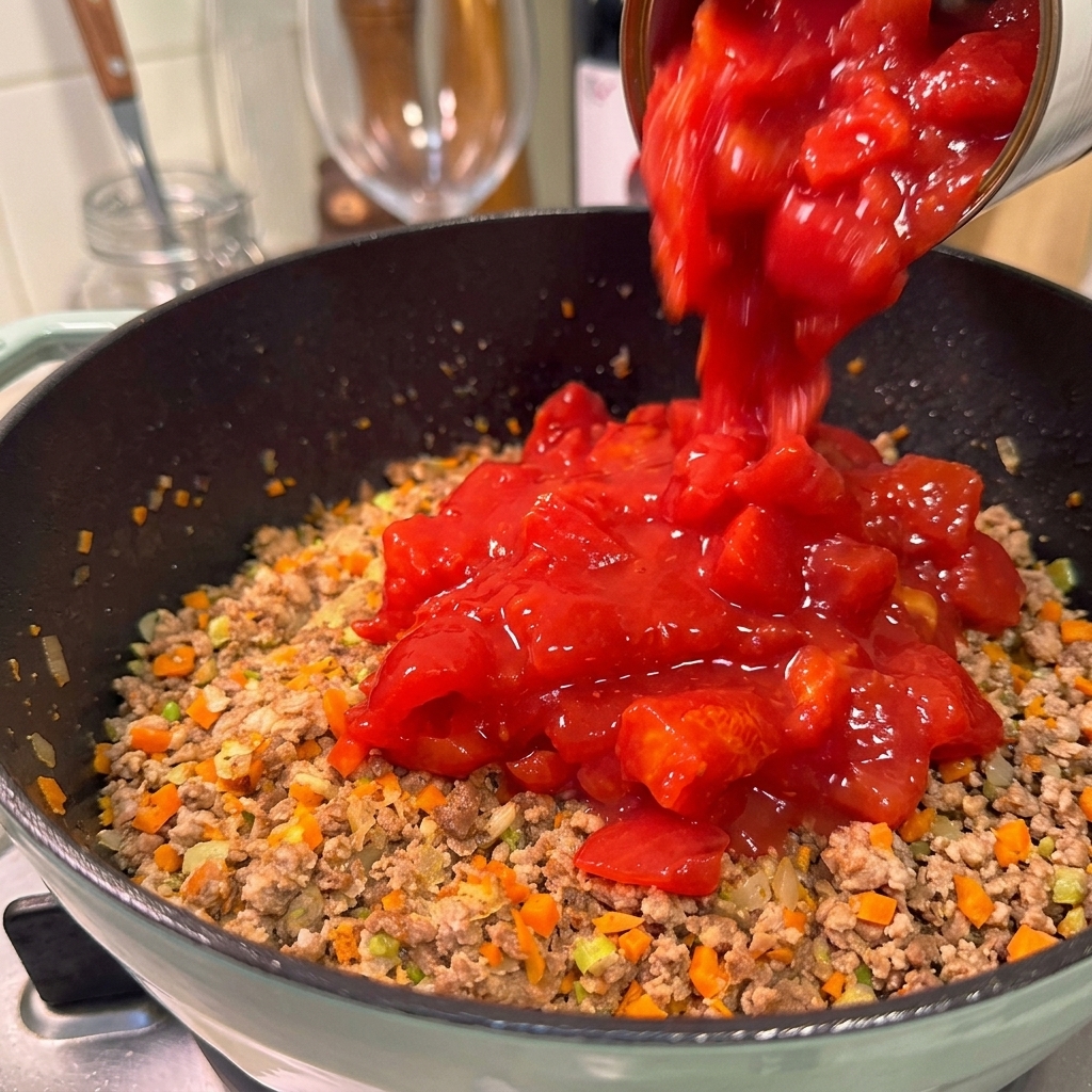 Gehackte Tomaten werden aus einer Dose über die Fleisch-Gemüse-Mischung in der Pfanne gegossen.