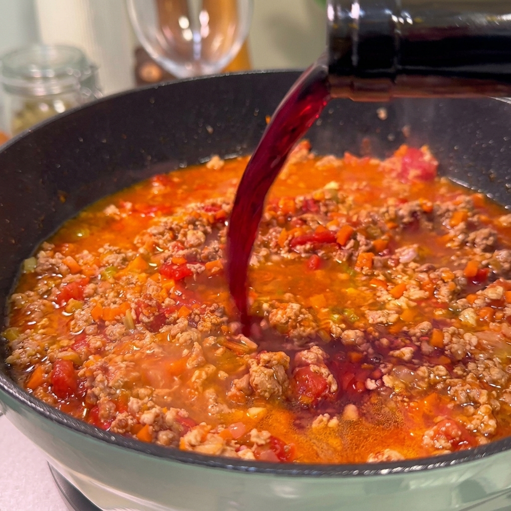 Dunkler Rotwein wird aus einer grünen Glasflasche in die köchelnde, kräftig rote Fleischsauce gegossen.