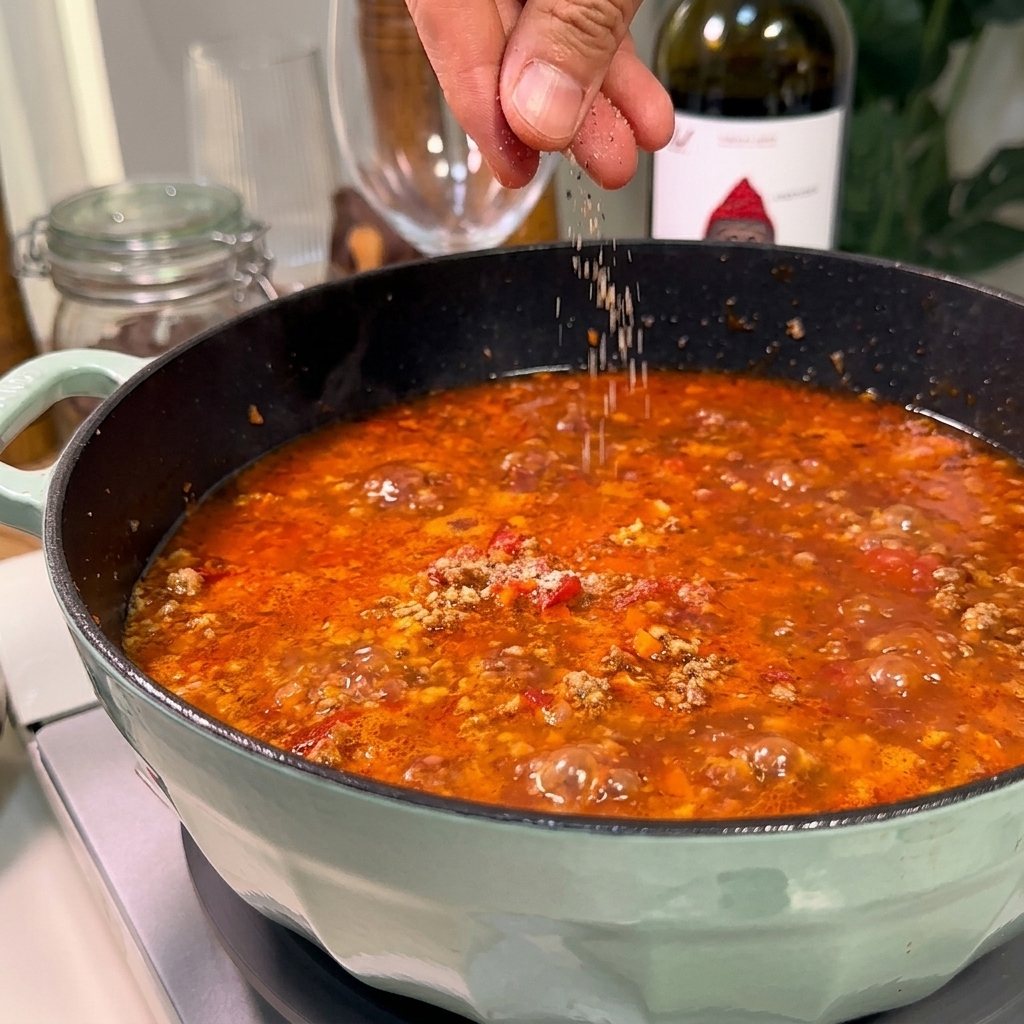 Eine Hand streut eine Prise Salz und schwarzen Pfeffer über die köchelnde Bolognese-Sauce in einer breiten Pfanne.
