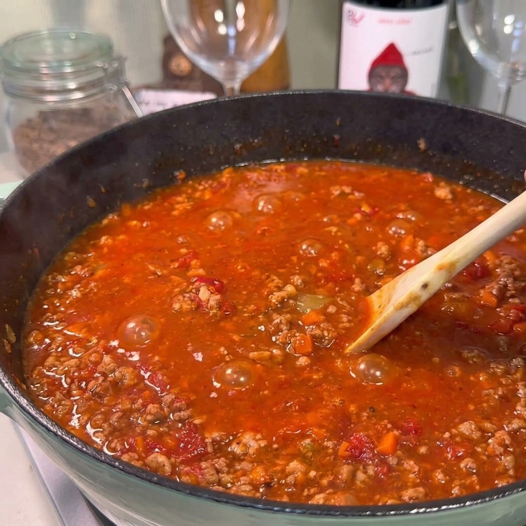 Ein Holzlöffel rührt die dicke, dunkelrote Bolognese-Sauce um, die in einem großen Topf sanft schmort.